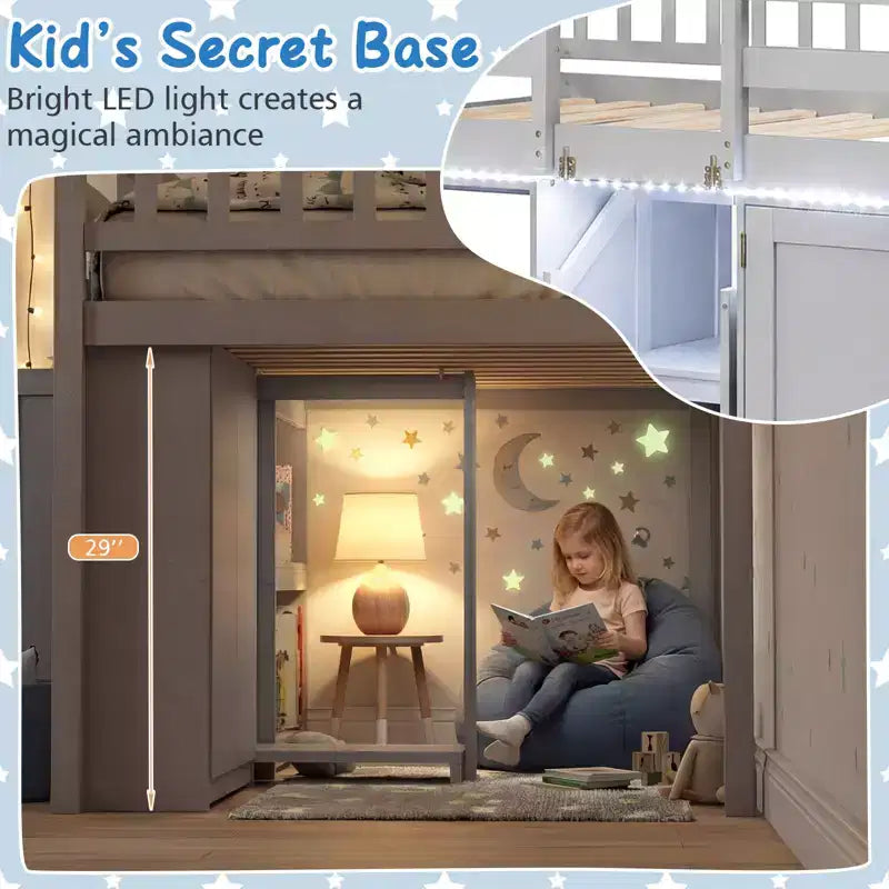 Lit mezzanine bas Costway avec lumière LED, escalier et garde-corps, lit jumeau moderne en bois pour enfants Blanc/Vert menthe/Gris