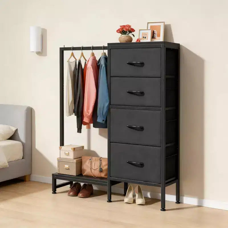 Commode 4/6 tiroirs avec tringle à vêtements et étagère ouverte, armoire en tissu, petit dressing 2 en 1 pour chambre, salon, couloir