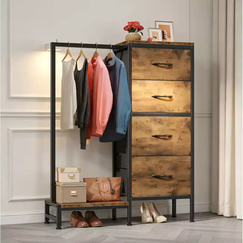 Commode 4/6 tiroirs avec tringle à vêtements et étagère ouverte, armoire en tissu, petit dressing 2 en 1 pour chambre, salon, couloir