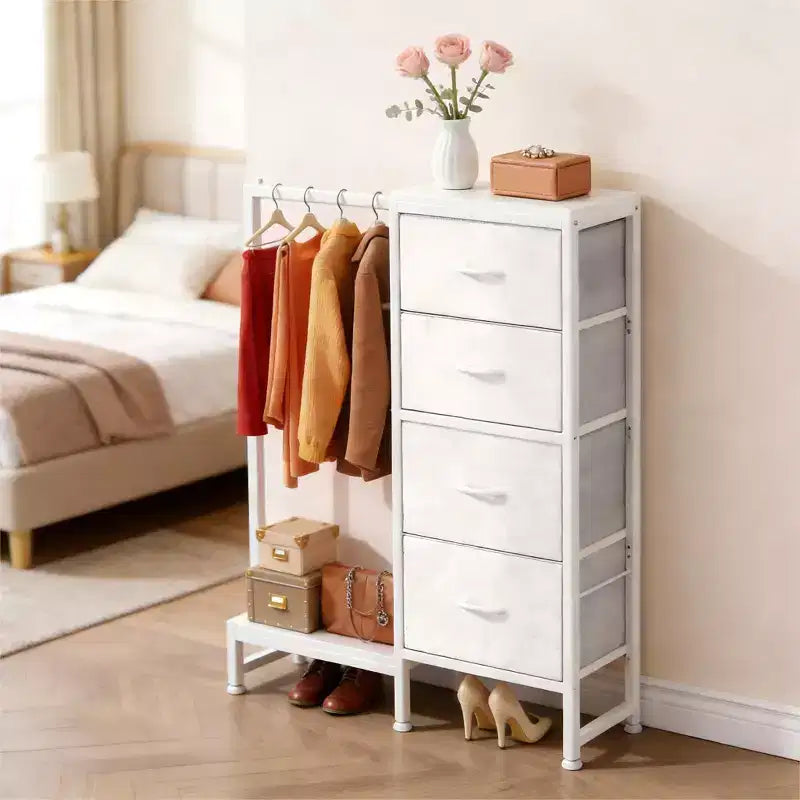 Commode 4/6 tiroirs avec tringle à vêtements et étagère ouverte, armoire en tissu, petit dressing 2 en 1 pour chambre, salon, couloir