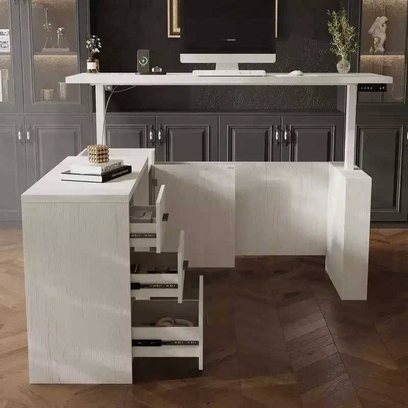 Bureau d'angle électrique réglable en hauteur Famapy – Grande station de travail avec tiroirs de rangement, ports de charge et 4 réglages de mémoire pour le télétravail