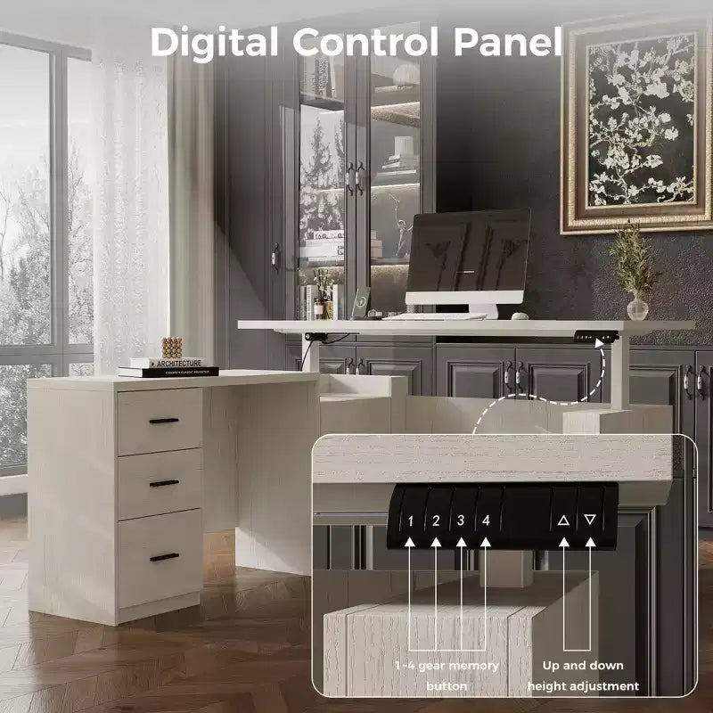 Bureau d'angle électrique réglable en hauteur Famapy – Grande station de travail avec tiroirs de rangement, ports de charge et 4 réglages de mémoire pour le télétravail