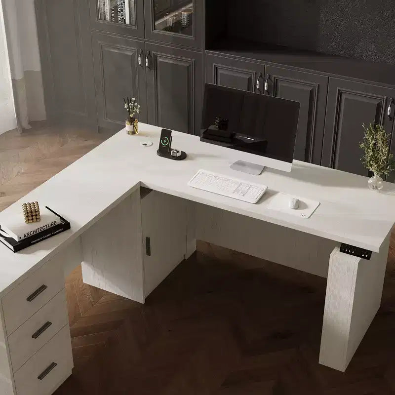 Bureau d'angle électrique réglable en hauteur Famapy – Grande station de travail avec tiroirs de rangement, ports de charge et 4 réglages de mémoire pour le télétravail