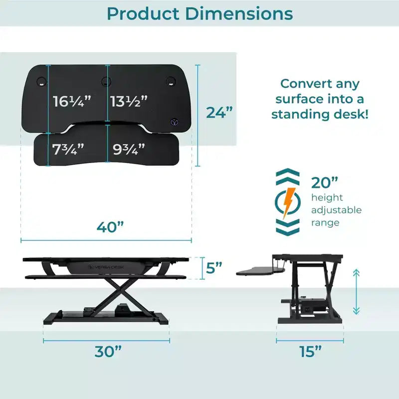 VersaDesk PowerPro Elite 40, convertisseur de bureau assis-debout électrique réglable en hauteur avec port USB noir