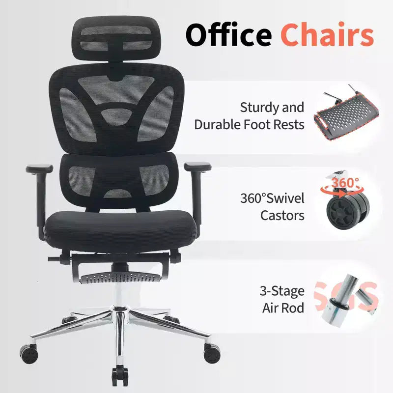 Fauteuil de Bureau Ergonomique en Maille, Chaise de Bureau, Dossier Haut, Soutien Lombaire Réglable, Appui-tête et Repose-pieds Rembourrés, pour Chambre, Bureau, Étudiant