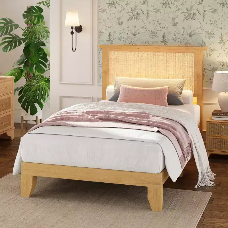 Cadre de lit en rotin bohème  Tête de lit en rotin naturel, lumières LED, lattes en bois robustes et silencieuses, sans bruit, sommier tapissier non requis  Meubles de chambre à coucher
