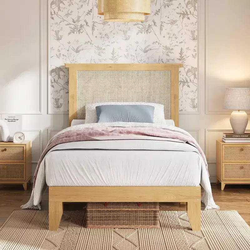 Cadre de lit en rotin bohème  Tête de lit en rotin naturel, lumières LED, lattes en bois robustes et silencieuses, sans bruit, sommier tapissier non requis  Meubles de chambre à coucher