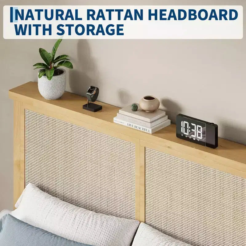 Cadre de lit en rotin bohème  Tête de lit en rotin naturel, lumières LED, lattes en bois robustes et silencieuses, sans bruit, sommier tapissier non requis  Meubles de chambre à coucher