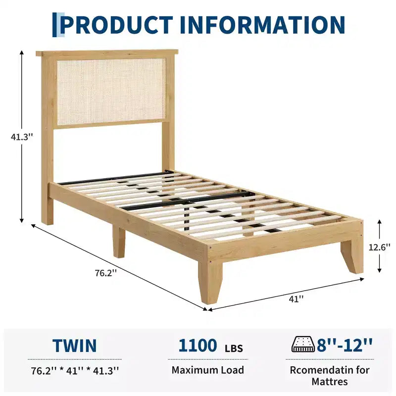 Cadre de lit en rotin bohème  Tête de lit en rotin naturel, lumières LED, lattes en bois robustes et silencieuses, sans bruit, sommier tapissier non requis  Meubles de chambre à coucher