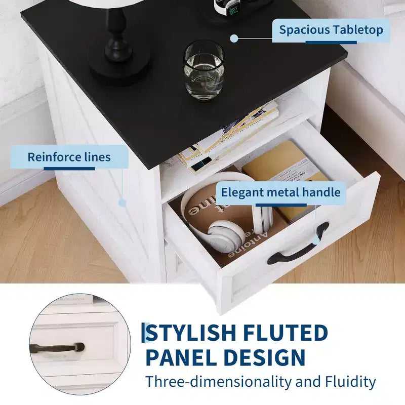 Table de chevet rustique de ferme 2 tiroirs, table de chevet moderne en bois, ports USB et prises CA, MDF durable, poignées en métal, blanc