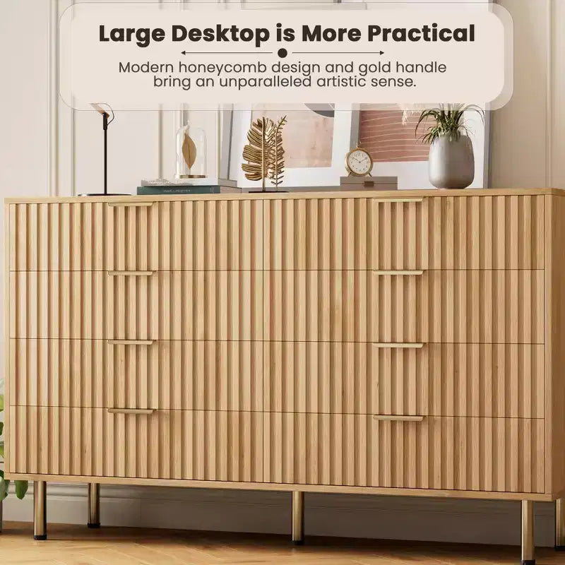 Commode cannelée à 8 tiroirs – Double commode de 137 cm de large avec tiroirs profonds, meuble de rangement en bois et support TV