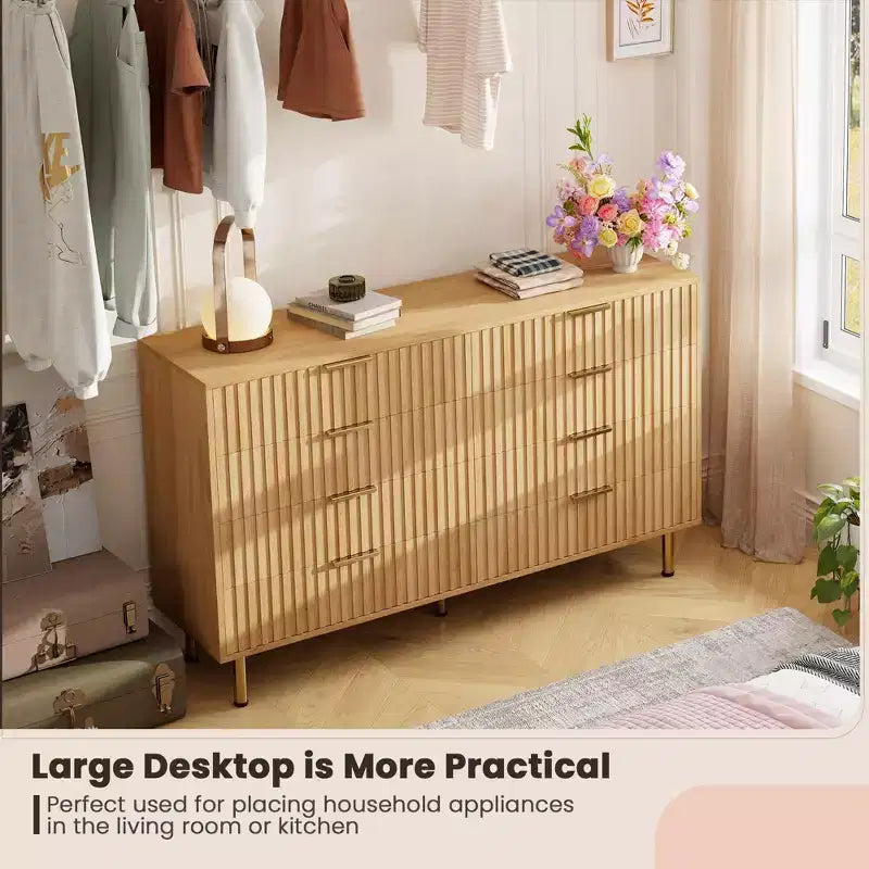 Commode cannelée à 8 tiroirs – Double commode de 137 cm de large avec tiroirs profonds, meuble de rangement en bois et support TV