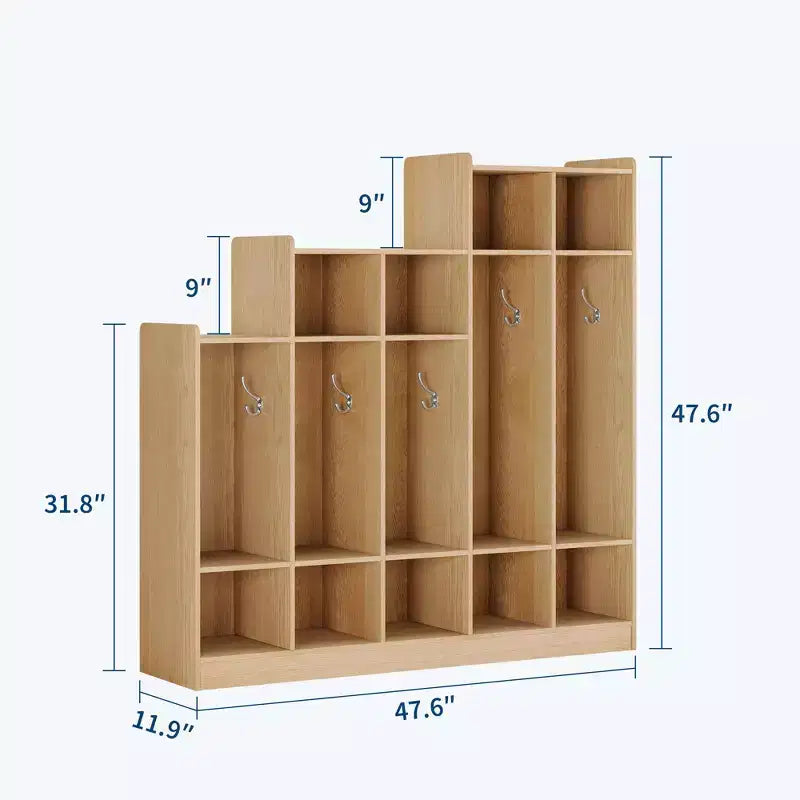 5-Section Wooden Kids Coat Locker - 9 Storage Cubbies, 10 Hooks - Organizer for Daycare, Kindergarten, Home, Nursery, School