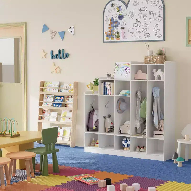 5-Section Wooden Kids Coat Locker - 9 Storage Cubbies, 10 Hooks - Organizer for Daycare, Kindergarten, Home, Nursery, School