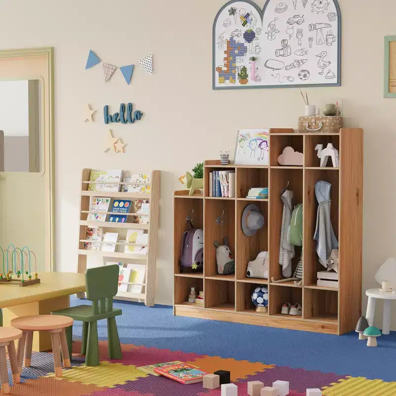 5-Section Wooden Kids Coat Locker - 9 Storage Cubbies, 10 Hooks - Organizer for Daycare, Kindergarten, Home, Nursery, School