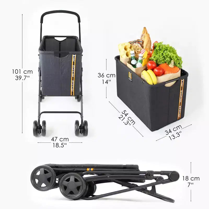 Mon Duque : Poussette de shopping Mila - Noir chiné - Chariot utilitaire à roulettes