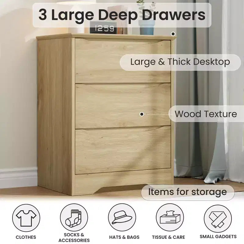 Grande commode en bois à 3 tiroirs, commode moderne de rangement profond, grand placard avec large plateau pour chambre à coucher, salon, couloir, chambre d'enfant