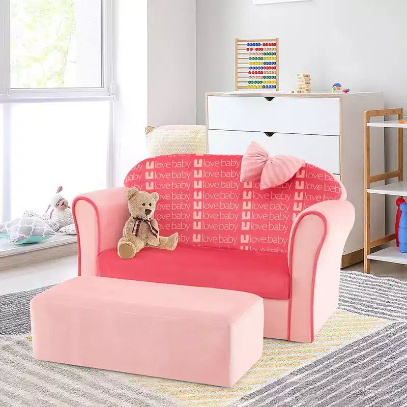 Costway Mini Canapé Enfant Velours avec Ottomane et Accoudoirs Rose