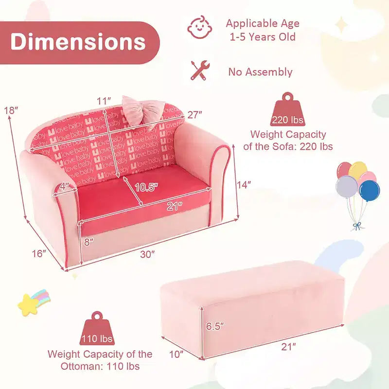 Costway Mini Canapé Enfant Velours avec Ottomane et Accoudoirs Rose
