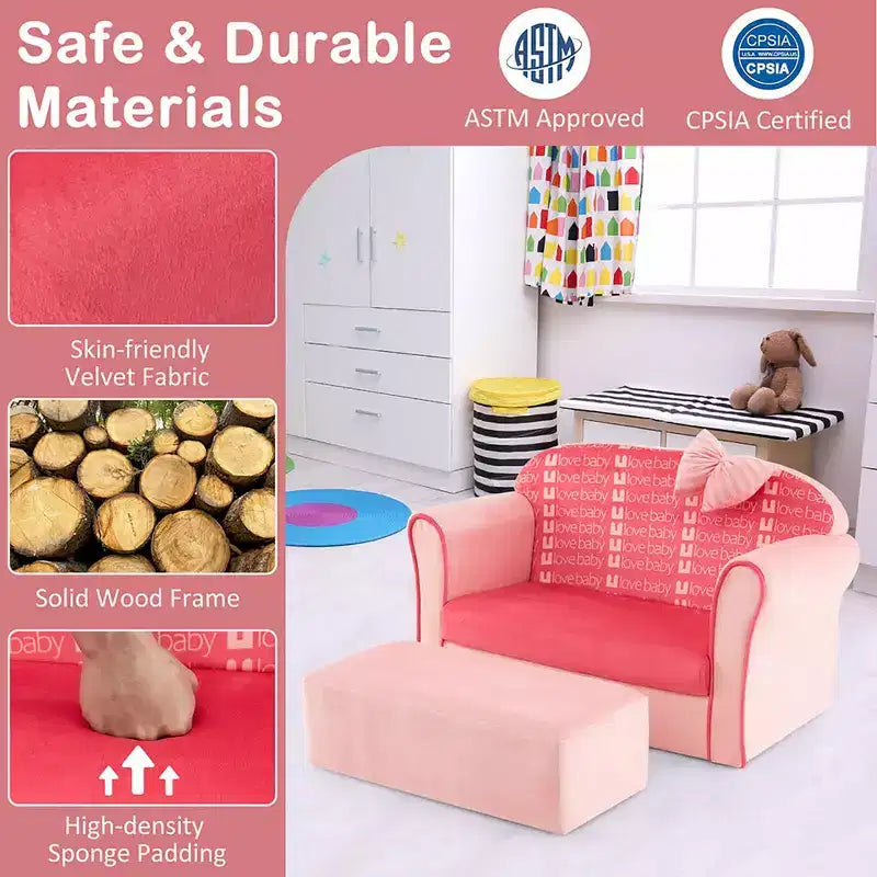 Costway Mini Canapé Enfant Velours avec Ottomane et Accoudoirs Rose