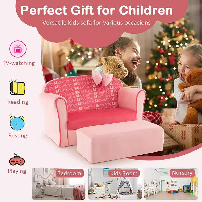 Costway Mini Canapé Enfant Velours avec Ottomane et Accoudoirs Rose