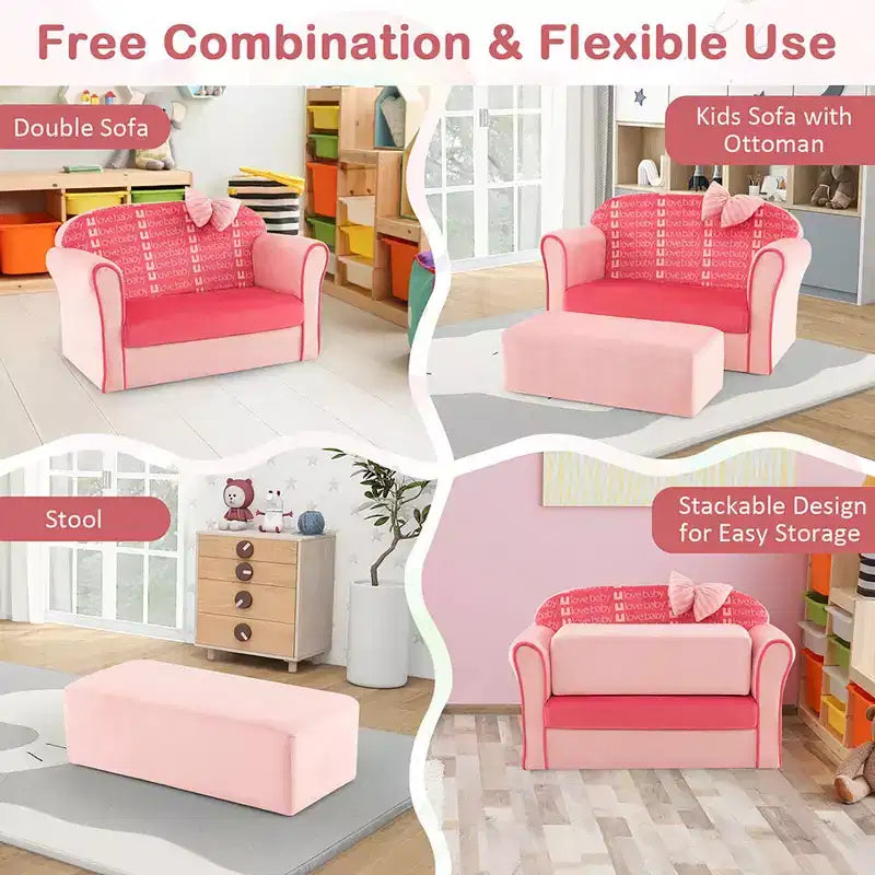Costway Mini Canapé Enfant Velours avec Ottomane et Accoudoirs Rose