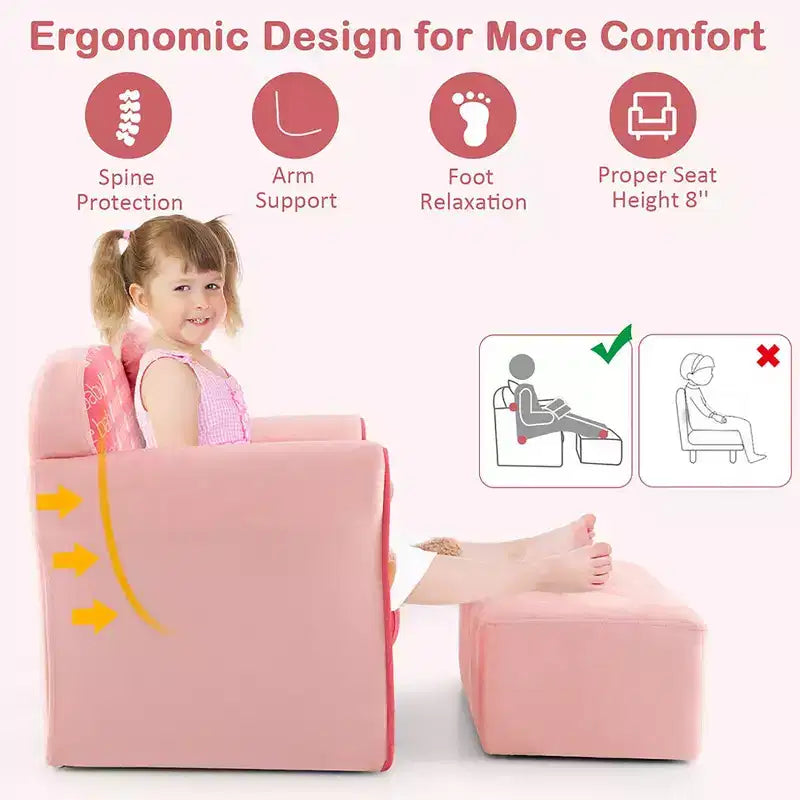 Costway Mini Canapé Enfant Velours avec Ottomane et Accoudoirs Rose