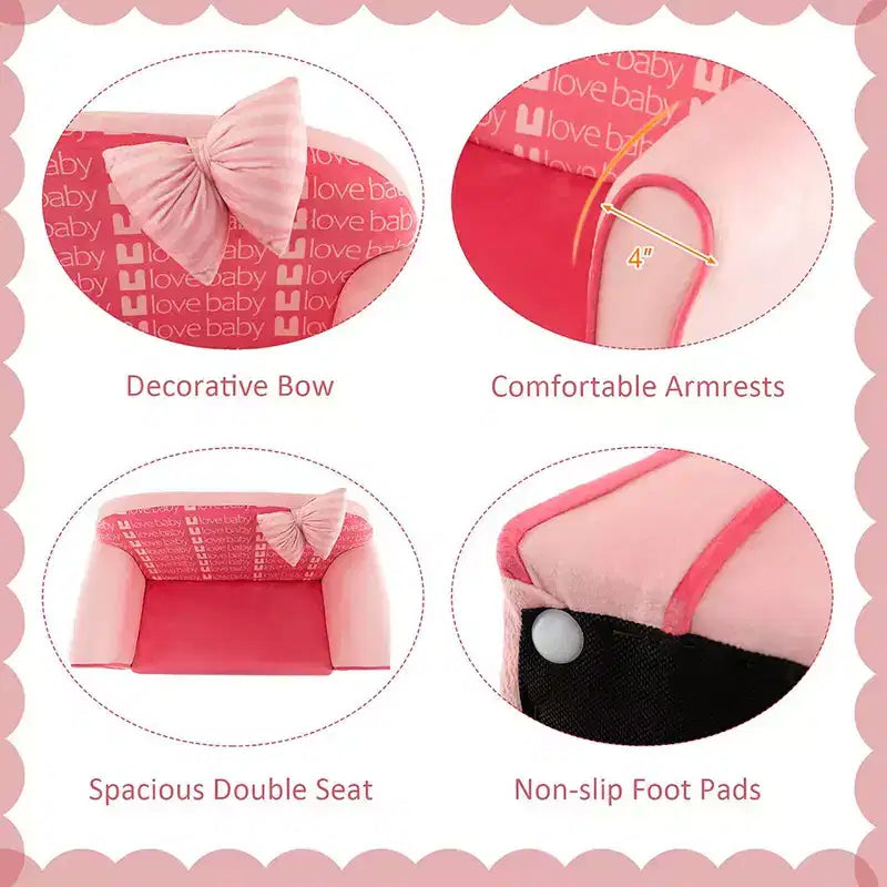 Costway Mini Canapé Enfant Velours avec Ottomane et Accoudoirs Rose
