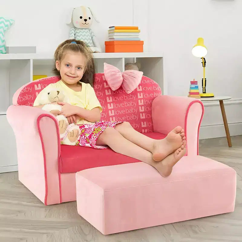 Costway Mini Canapé Enfant Velours avec Ottomane et Accoudoirs Rose