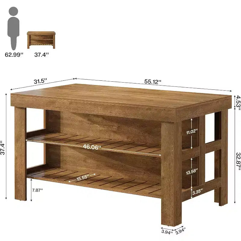 Îlot de cuisine Lantine avec rangement et sièges, Grande table îlot fixe en bois de style ferme pour cuisine salle à manger (Tout marron)