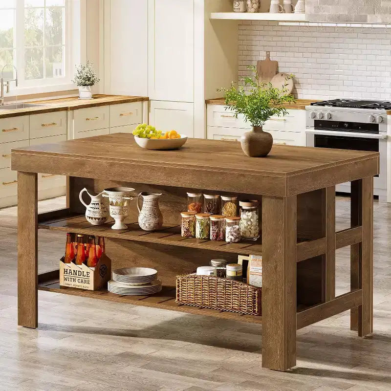 Îlot de cuisine Lantine avec rangement et sièges, Grande table îlot fixe en bois de style ferme pour cuisine salle à manger (Tout marron)