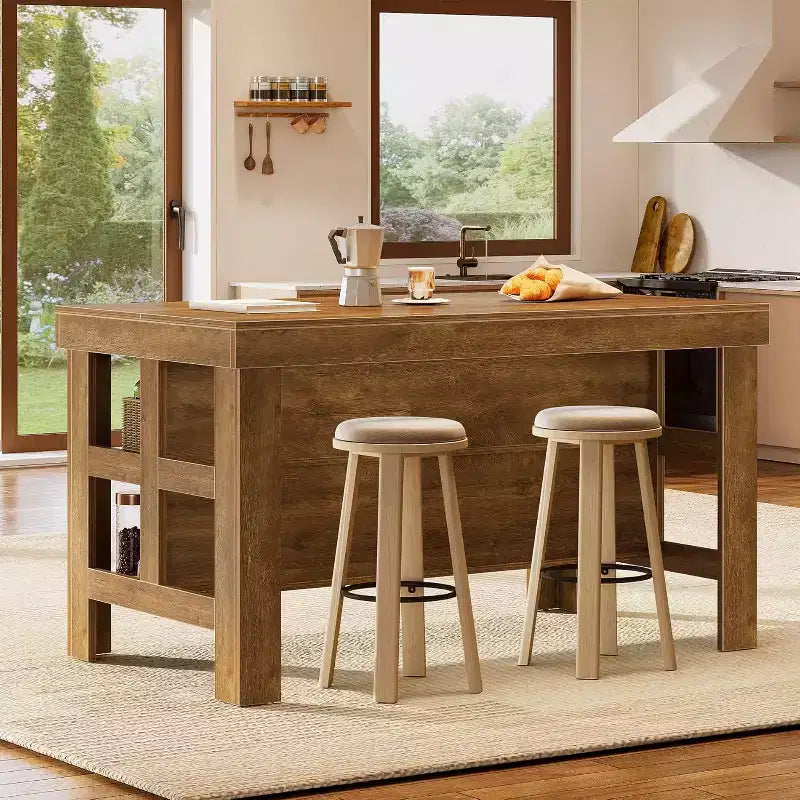 Îlot de cuisine Lantine avec rangement et sièges, Grande table îlot fixe en bois de style ferme pour cuisine salle à manger (Tout marron)