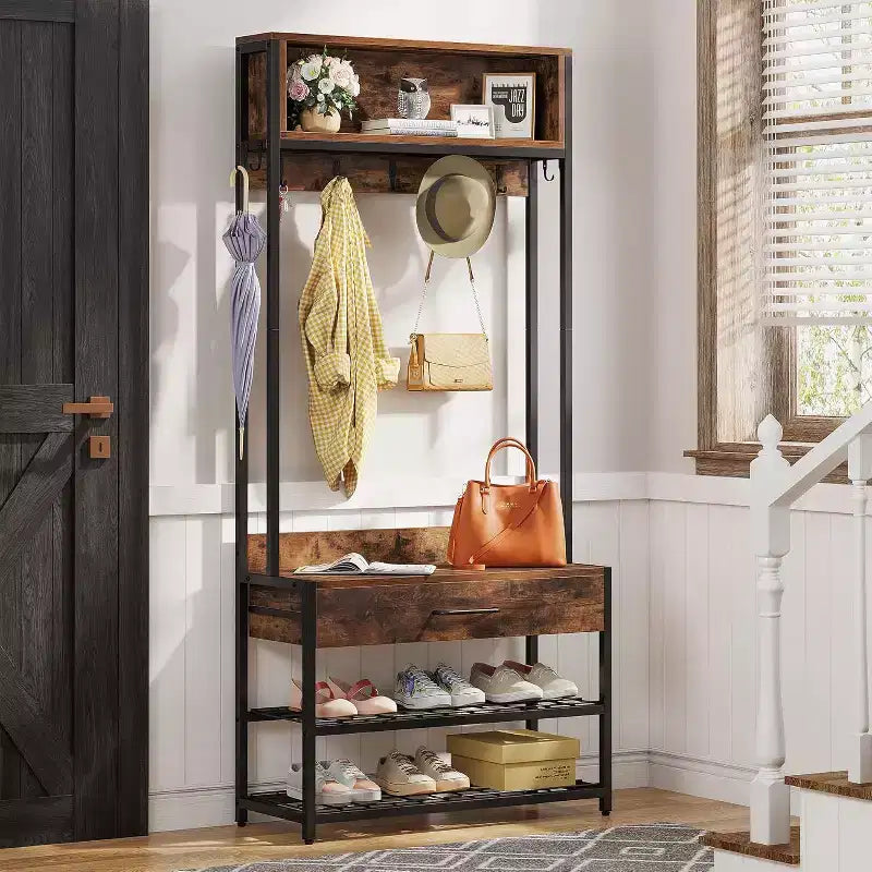 Lantine 3-in-1 Entryway Hall Tree with Drawer, Vintage Industrial Coat Rack with Shoe Bench and Hutch for Living Room, Bedroom, Brown