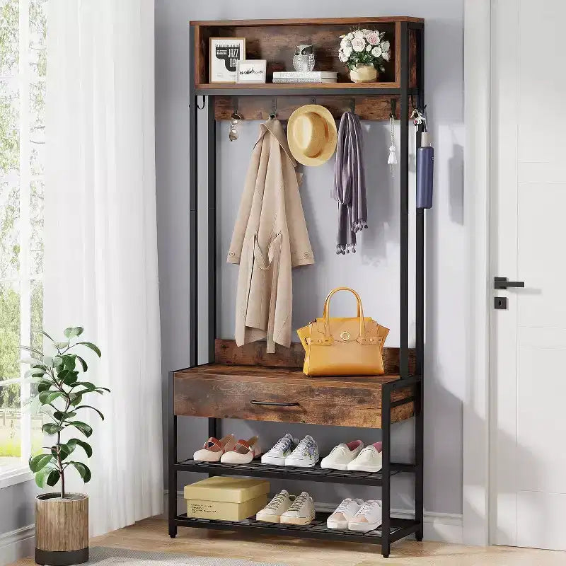 Albero d'Ingresso con Cassetto, Appendiabiti Industriale Vintage con Panchina Porta Scarpe e Mobiletto per Soggiorno, Camera da Letto, Marrone