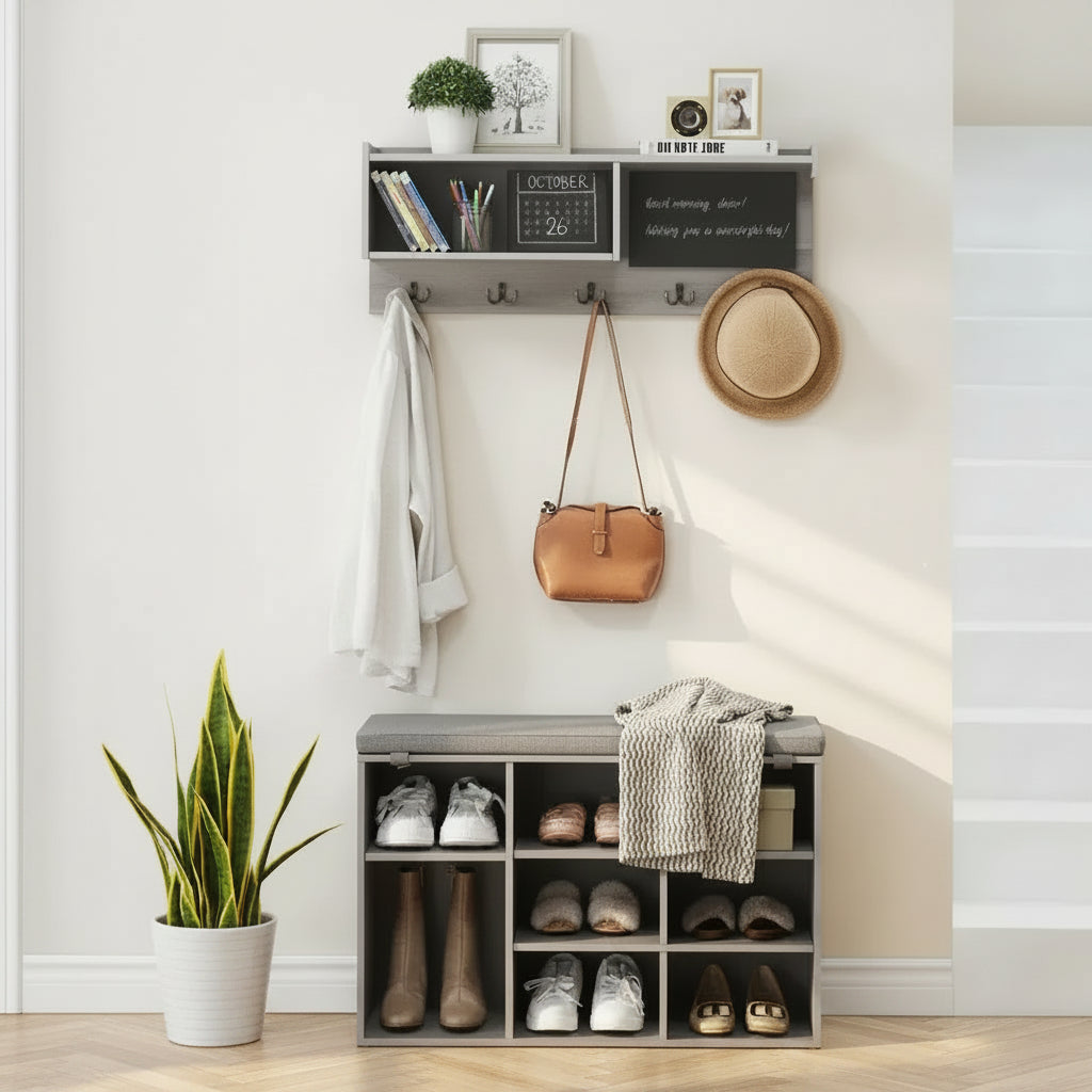 31.5 Industrial Hall Tree with Shoe Bench, 6-in-1 Entryway Coat Rack with 5 Hooks & 9 Storage Cubbies, Bookshelf & Blackboard
