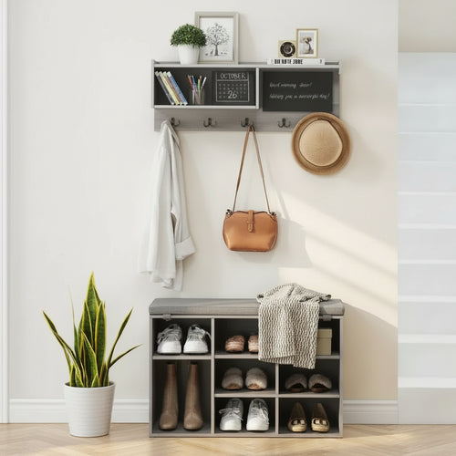 31.5 Industrial Hall Tree with Shoe Bench, 6-in-1 Entryway Coat Rack with 5 Hooks & 9 Storage Cubbies, Bookshelf & Blackboard