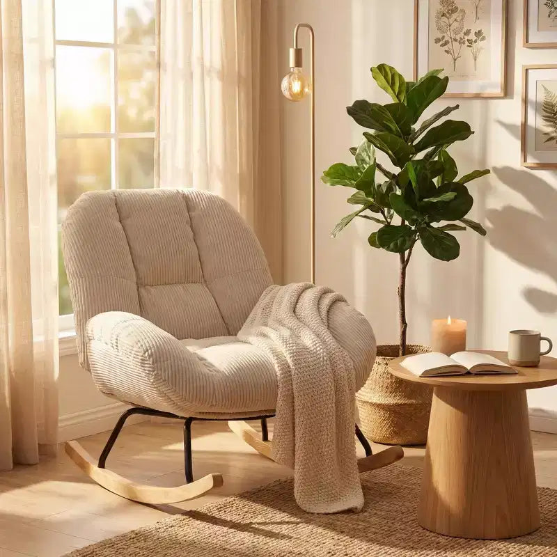 Homy Casa Fauteuil à Bascule d'Appoint en Velours Côtelé, Fauteuil à Bascule Rembourré en Tissu, Beige