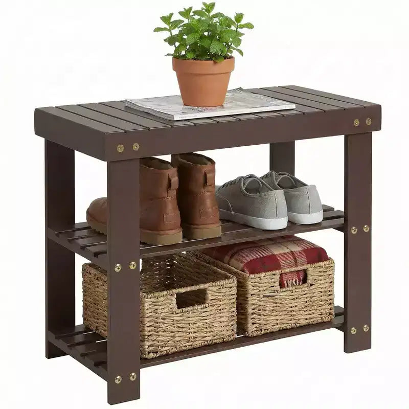 Banc à chaussures en bambou pour entrée avec étagère de rangement à 2 niveaux pour entrée et salon