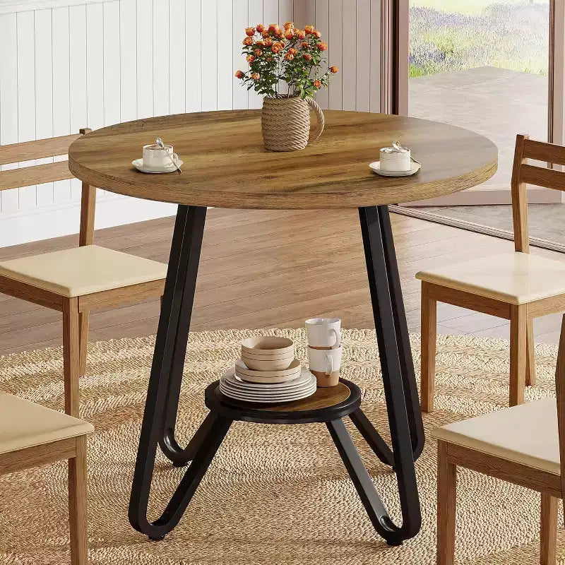 Table à manger ronde Lantine 31,5" pour 2 avec double étagère, petite table de cuisine pour salle à manger, appartement, petit espace