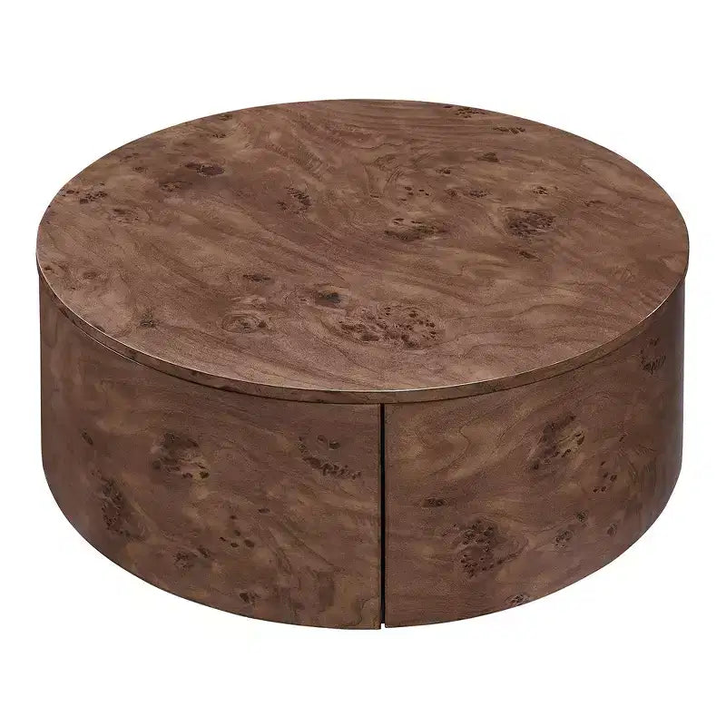 Table basse d'appoint Whisen avec plateau pivotant à 360°, placage en loupe de bois riche et 2 tiroirs de rangement cachés - Noyer