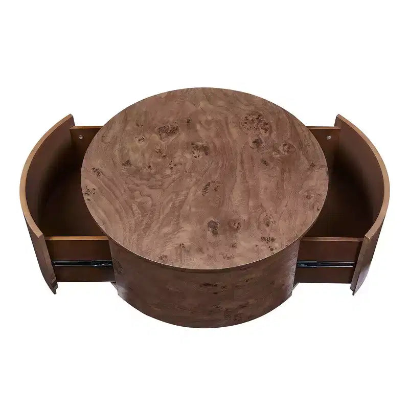 Table basse d'appoint Whisen avec plateau pivotant à 360°, placage en loupe de bois riche et 2 tiroirs de rangement cachés - Noyer