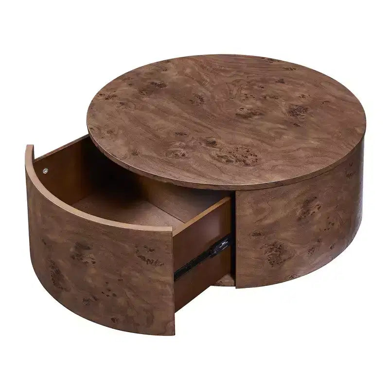 Table basse d'appoint Whisen avec plateau pivotant à 360°, placage en loupe de bois riche et 2 tiroirs de rangement cachés - Noyer