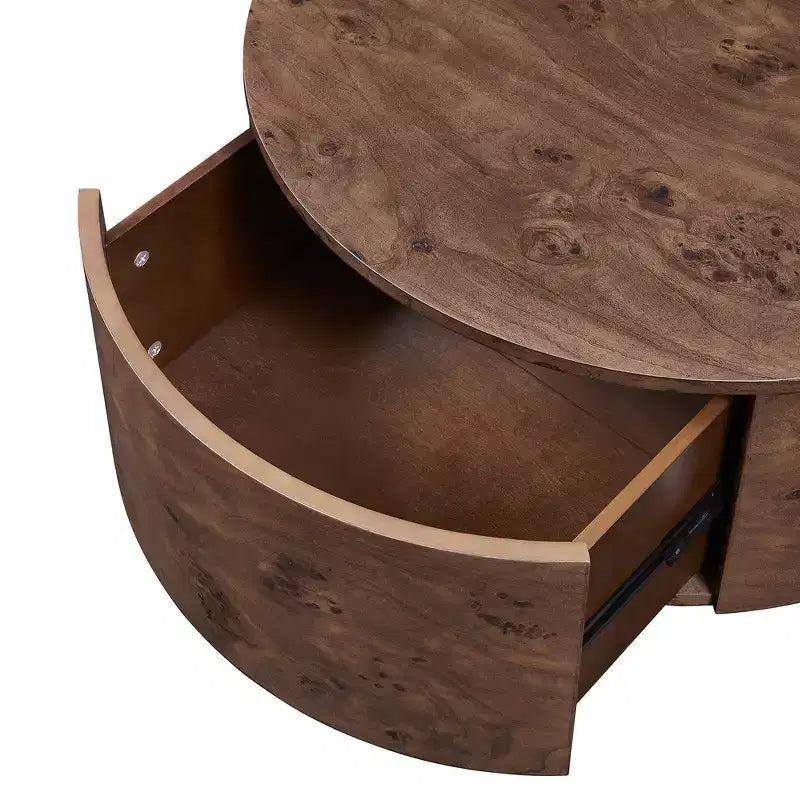 Table basse d'appoint Whisen avec plateau pivotant à 360°, placage en loupe de bois riche et 2 tiroirs de rangement cachés - Noyer