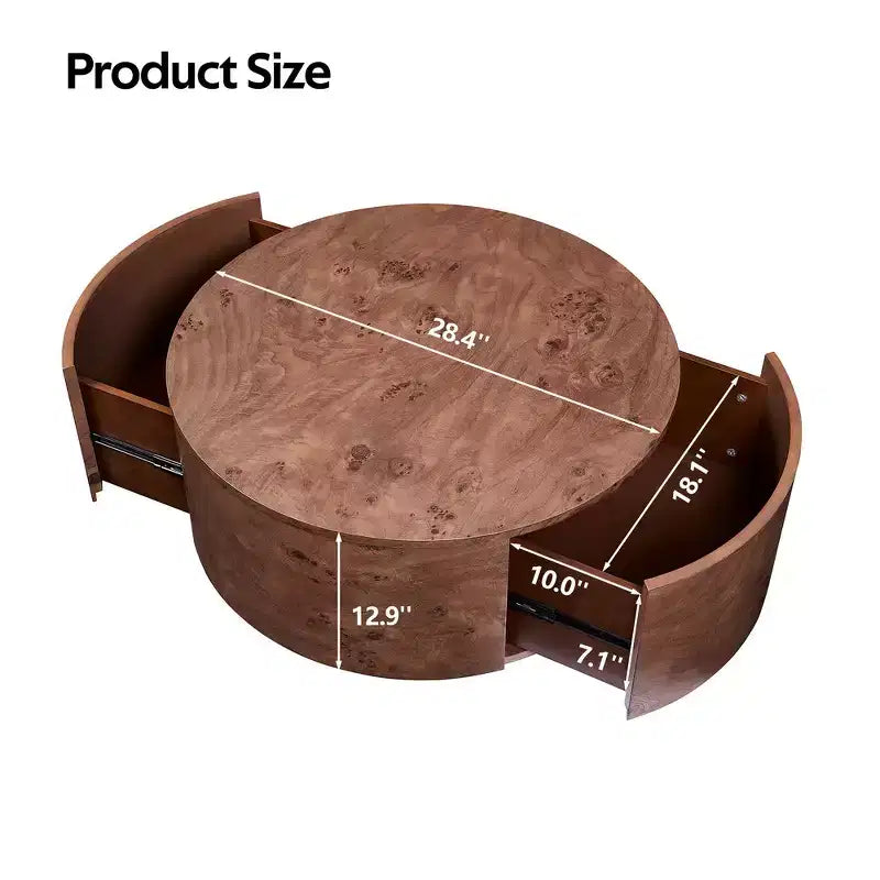 Table basse d'appoint Whisen avec plateau pivotant à 360°, placage en loupe de bois riche et 2 tiroirs de rangement cachés - Noyer