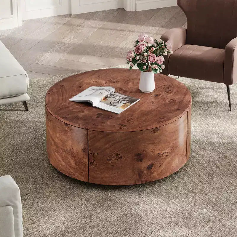 Table basse d'appoint Whisen avec plateau pivotant à 360°, placage en loupe de bois riche et 2 tiroirs de rangement cachés - Noyer