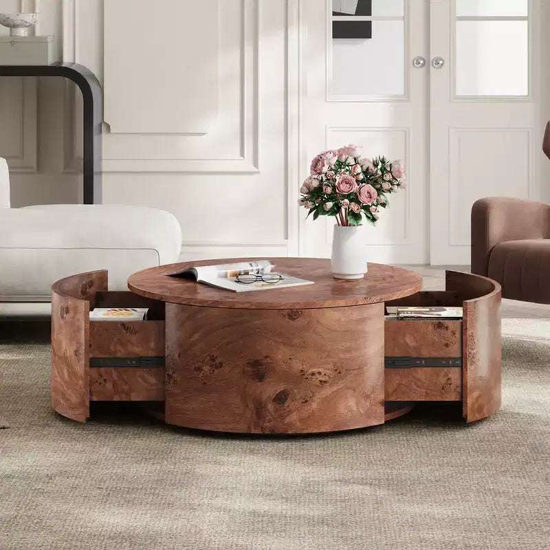 Table basse d'appoint Whisen avec plateau pivotant à 360°, placage en loupe de bois riche et 2 tiroirs de rangement cachés - Noyer