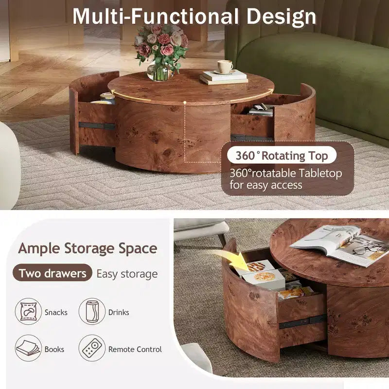 Table basse d'appoint Whisen avec plateau pivotant à 360°, placage en loupe de bois riche et 2 tiroirs de rangement cachés - Noyer
