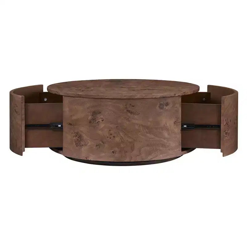 Table basse d'appoint Whisen avec plateau pivotant à 360°, placage en loupe de bois riche et 2 tiroirs de rangement cachés - Noyer