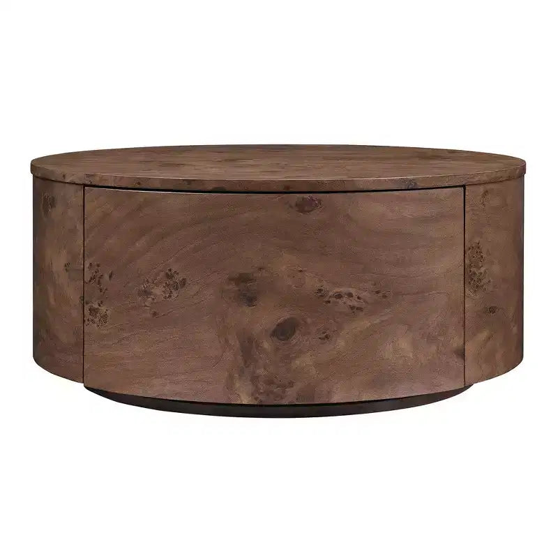Table basse d'appoint Whisen avec plateau pivotant à 360°, placage en loupe de bois riche et 2 tiroirs de rangement cachés - Noyer