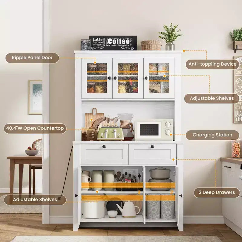 Garde-manger de cuisine moderne de 167 cm de haut avec vaisselier, buffet de bar à café avec station de recharge intégrée, grand espace de rangement avec portes vitrées et tiroirs